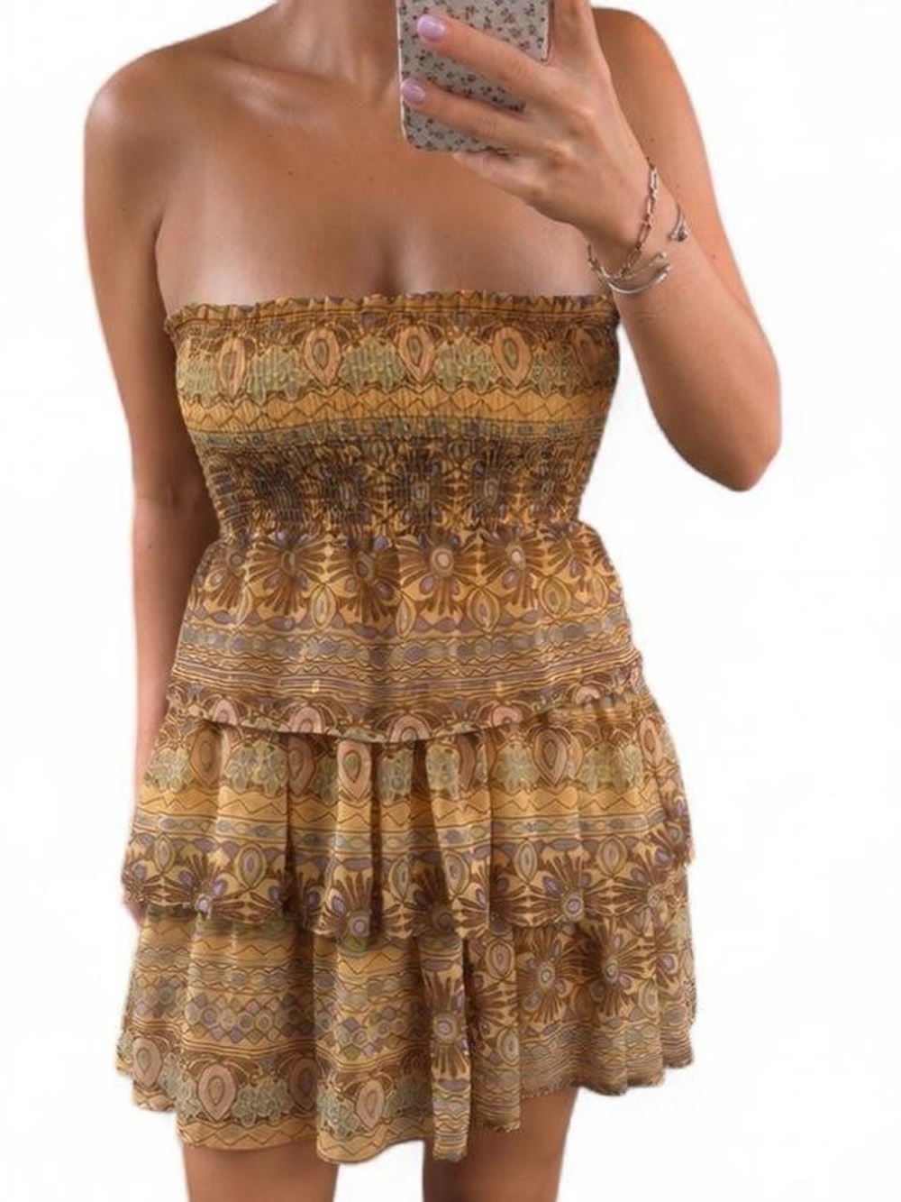 Forever 21 Y2K Boho Strapless Smocked Tiered Ruffle Mini  Dress S